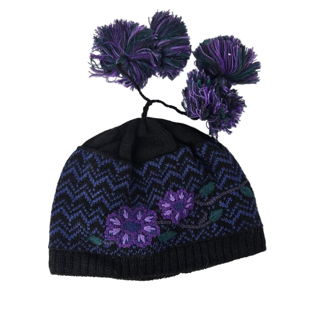Peruvian Link Floral Embroidered Beanie Tassles Alpaca Blend Colorful One Size